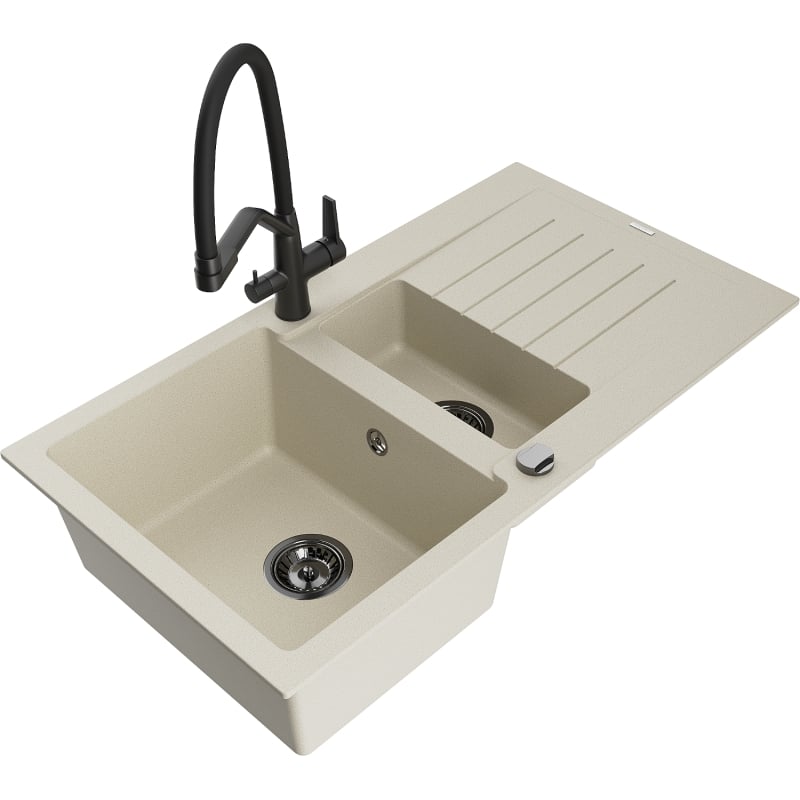 Mexen Matias 1.5-bowl granite kitchen sink with drainer and Duo kitchen faucet, beige - 6502-69-671701-70-B