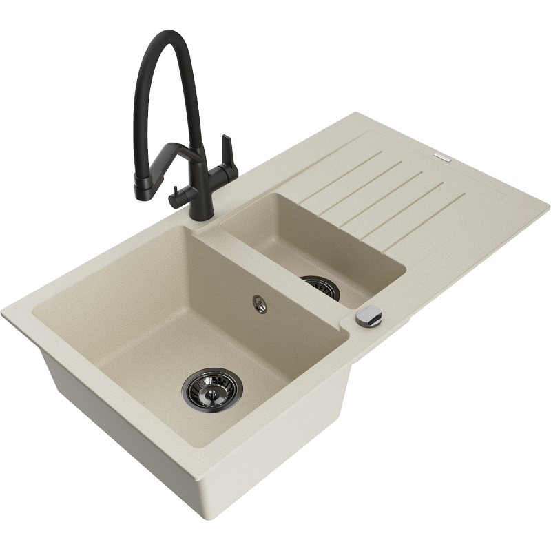 Mexen Matias 1.5-compartment granite sink with a drip tray and kitchen mixer tap Duo, Beige - 6502-69-671701-70-B