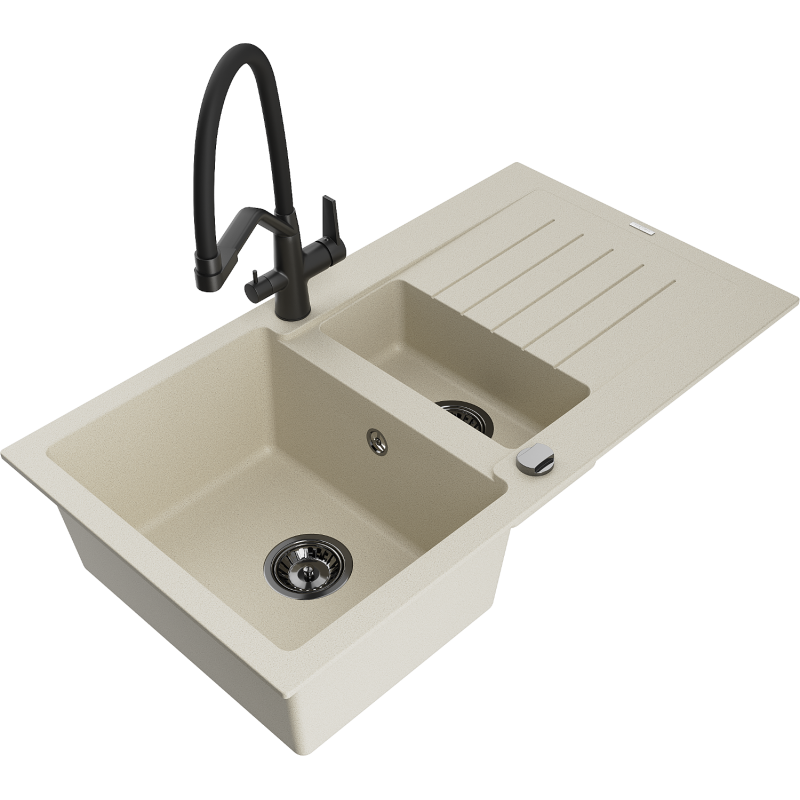 Mexen Matias granite sink, 1.5-bowl with drainer and Duo kitchen tap, beige - 6502-69-671701-70-B