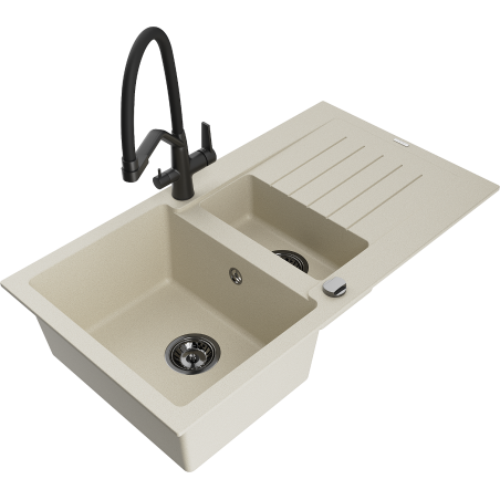 Mexen Matias granite sink, 1.5-bowl with drainer and Duo kitchen tap, beige - 6502-69-671701-70-B