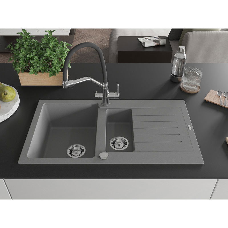 Mexen Matias 1.5-bowl Granite Sink with Drainer and Duo Kitchen Tap, Grey - 6502-71-671701-07