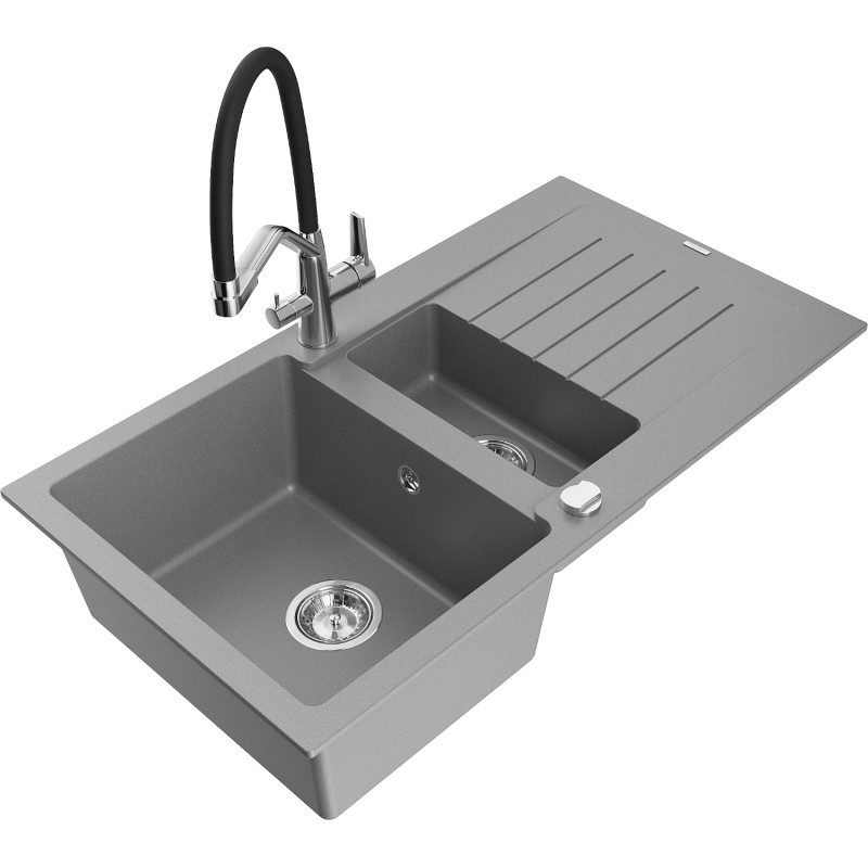 Mexen Matias granite sink 1.5-bowl with drainer and Duo kitchen faucet, gray - 6502-71-671701-07