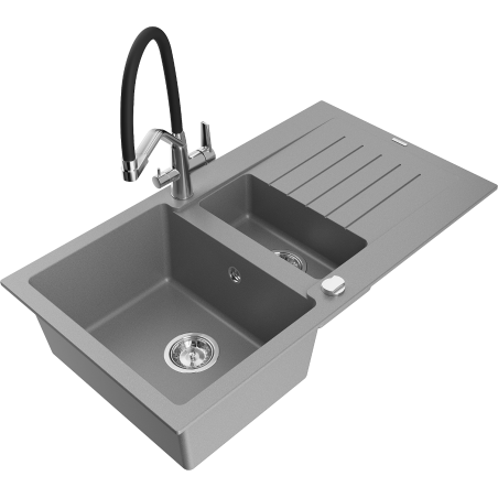 Mexen Matias 1.5-compartment granite sink with a drip tray and kitchen mixer tap Duo, Grey - 6502-71-671701-07