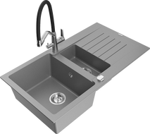 Mexen Matias granite sink 1.5-bowl with drainer and Duo kitchen faucet, gray - 6502-71-671701-07