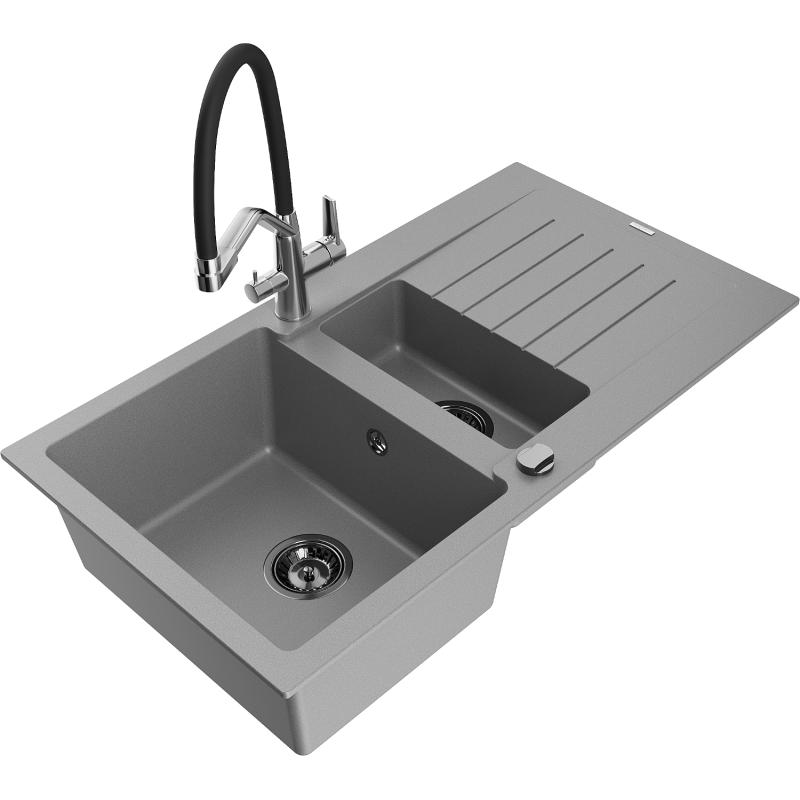 Mexen Matias 1.5-compartment granite sink with a drip tray and kitchen mixer tap Duo, Grey - 6502-71-671701-07-B