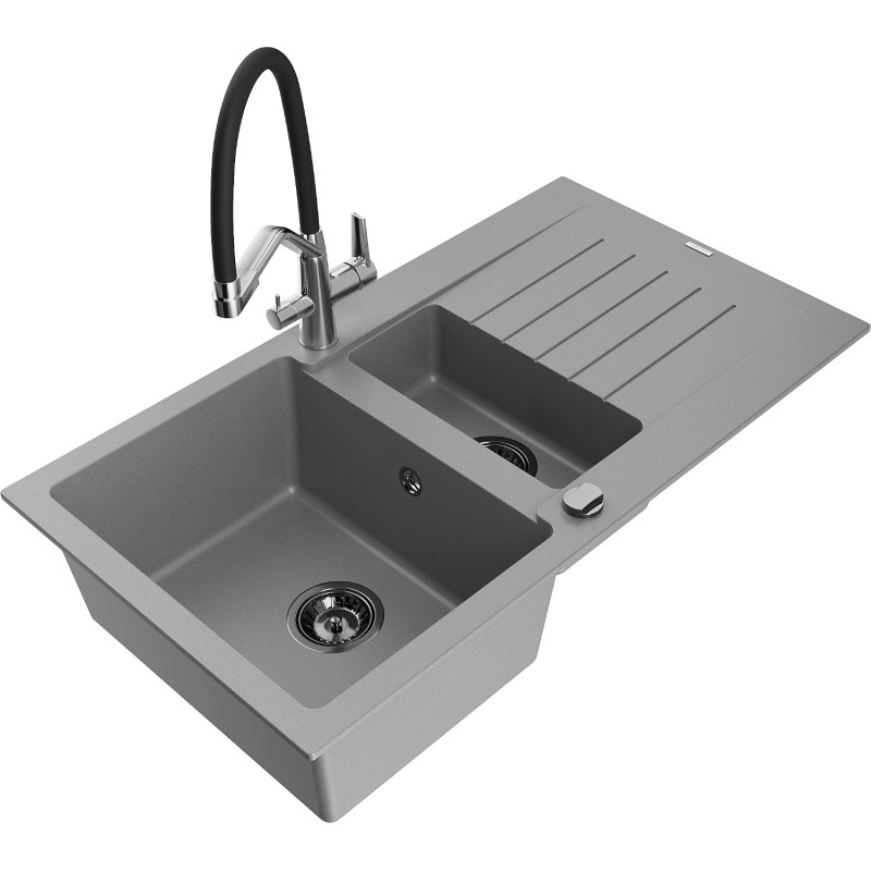 Mexen Matias granite kitchen sink 1.5-bowl with drainer and Duo kitchen faucet, gray - 6502-71-671701-07-B