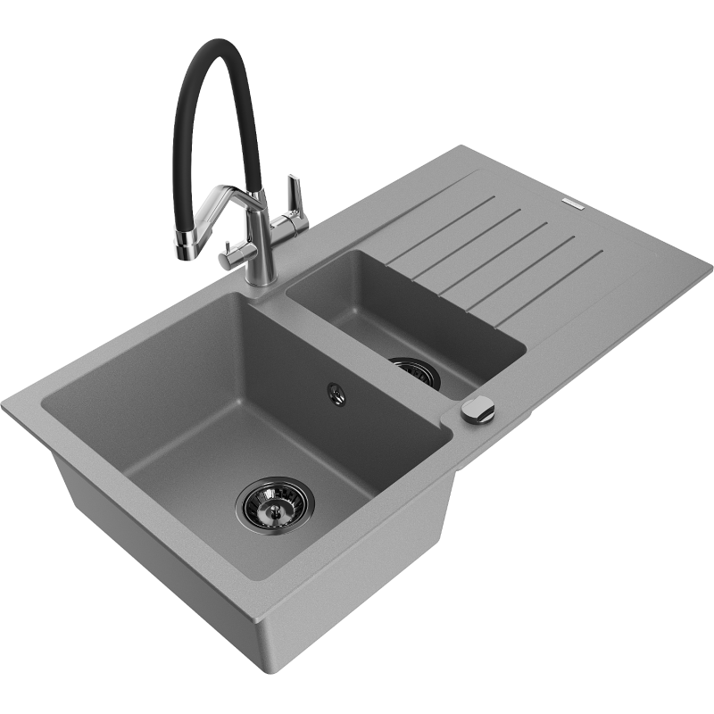 Mexen Matias Granite Sink 1.5-Bowl with Drainer and Duo Kitchen Tap, Grey - 6502-71-671701-07-B