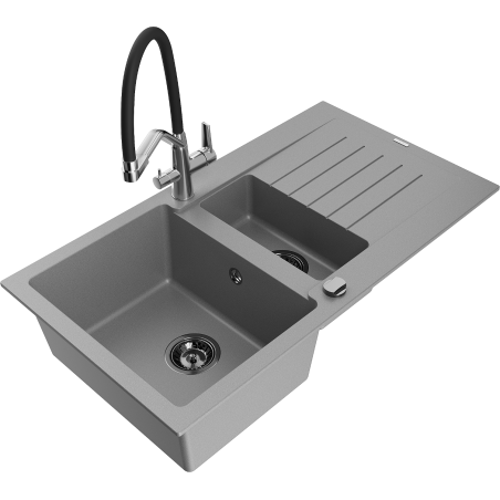 Mexen Matias 1.5-compartment granite sink with a drip tray and kitchen mixer tap Duo, Grey - 6502-71-671701-07-B