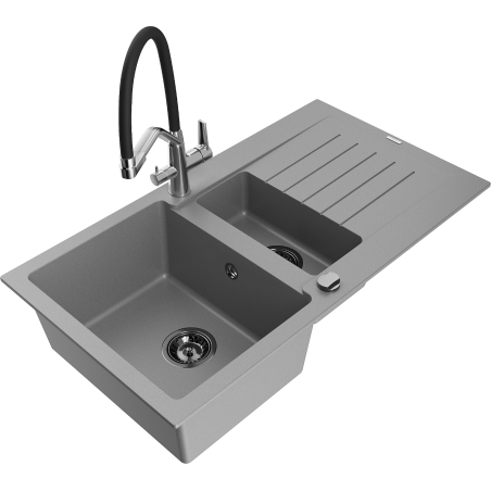 Mexen Matias Granite Sink 1.5-Bowl with Drainer and Duo Kitchen Tap, Grey - 6502-71-671701-07-B