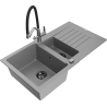 Mexen Matias 1.5-compartment granite sink with a drip tray and kitchen mixer tap Duo, Grey - 6502-71-671701-07-B