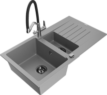 Mexen Matias 1.5-compartment granite sink with a drip tray and kitchen mixer tap Duo, Grey - 6502-71-671701-07-B