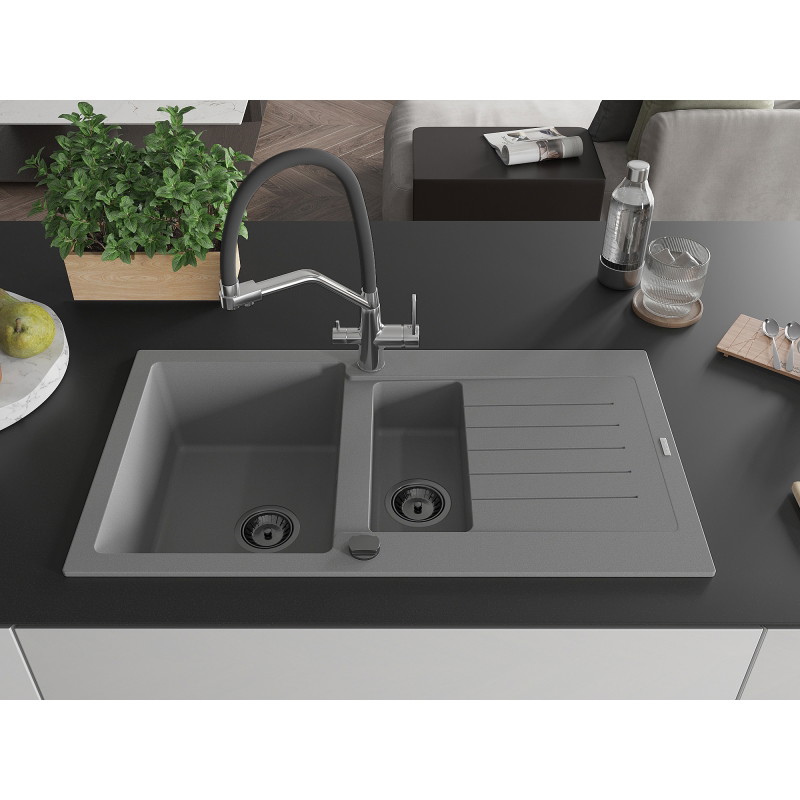 Mexen Matias granite kitchen sink 1.5-bowl with drainer and Duo kitchen faucet, gray - 6502-71-671701-07-B