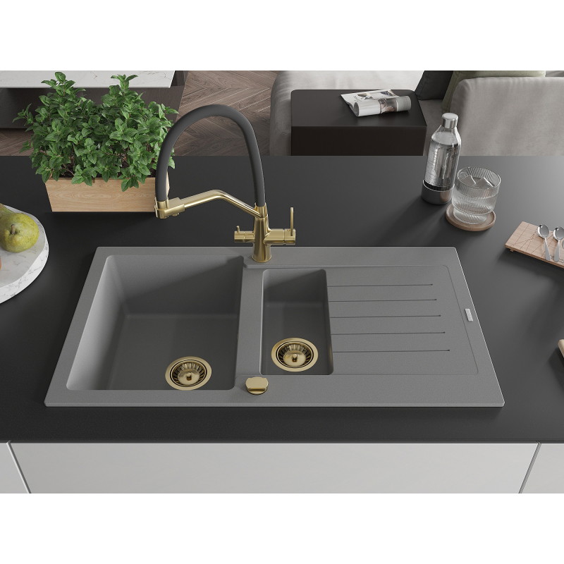 Mexen Matias granite sink 1.5-bowl with drainer and Duo kitchen faucet, gray - 6502-71-671701-57-G