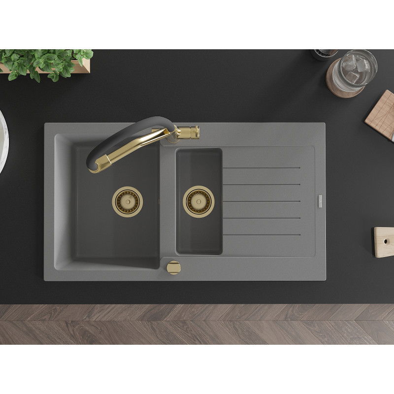 Mexen Matias 1.5-bowl granite sink with drainer and Duo kitchen tap, grey - 6502-71-671701-57-G