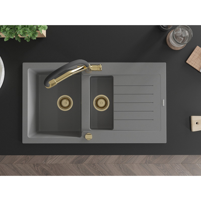 Mexen Matias granite sink 1.5-bowl with drainer and Duo kitchen faucet, gray - 6502-71-671701-57-G