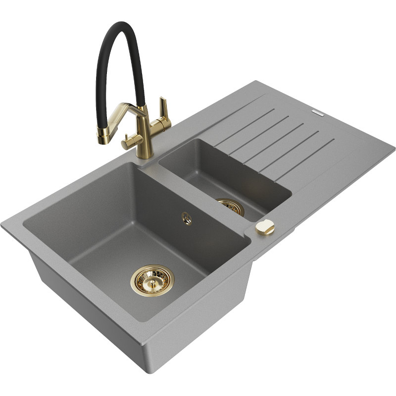 Mexen Matias 1.5-bowl granite sink with drainer and Duo kitchen tap, grey - 6502-71-671701-57-G