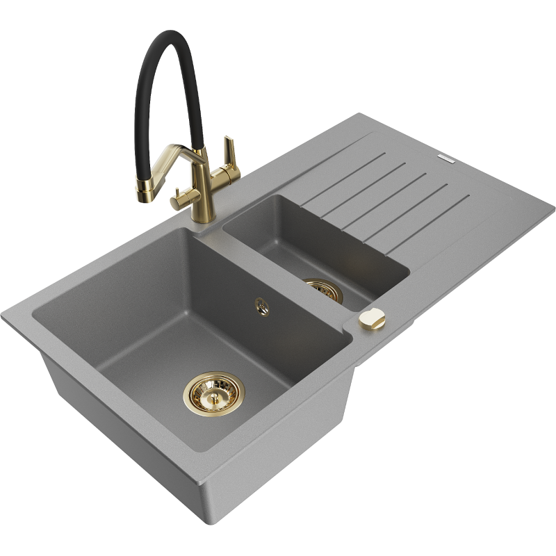 Mexen Matias 1.5-compartment granite sink with a drip tray and kitchen mixer tap Duo, Grey - 6502-71-671701-57-G
