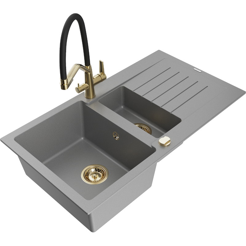 Mexen Matias granite sink 1.5-bowl with drainer and Duo kitchen faucet, gray - 6502-71-671701-57-G