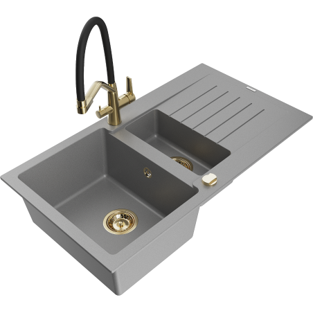 Mexen Matias 1.5-bowl granite sink with drainer and Duo kitchen tap, grey - 6502-71-671701-57-G