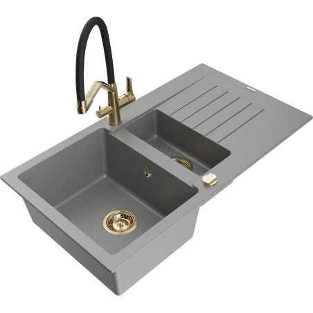 Mexen Matias 1.5-compartment granite sink with a drip tray and kitchen mixer tap Duo, Grey - 6502-71-671701-57-G