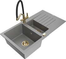 Mexen Matias granite sink 1.5-bowl with drainer and Duo kitchen faucet, gray - 6502-71-671701-57-G