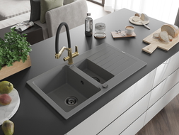 Mexen Matias 1.5-compartment granite sink with a drip tray and kitchen mixer tap Duo, Grey - 6502-71-671701-57-B