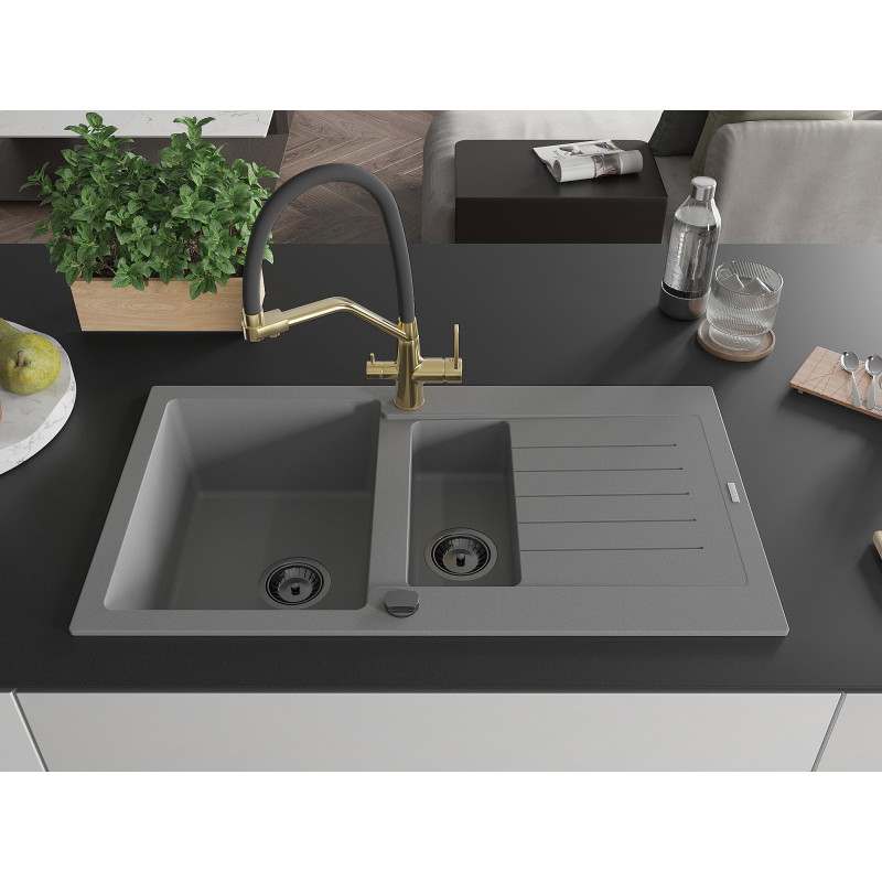 Mexen Matias granite kitchen sink 1.5-bowl with drainer and Duo kitchen faucet, gray - 6502-71-671701-57-B