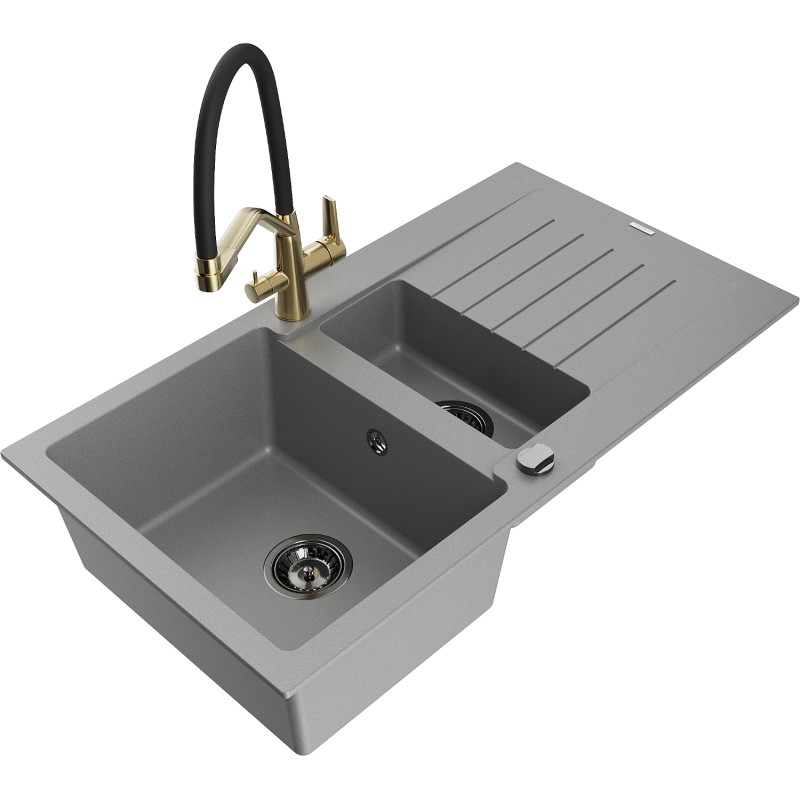 Mexen Matias granite kitchen sink 1.5-bowl with drainer and Duo kitchen faucet, gray - 6502-71-671701-57-B