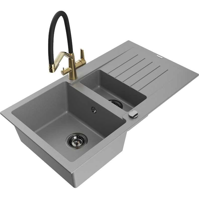 Mexen Matias granite sink 1.5-bowl with drainer and Duo kitchen tap, grey - 6502-71-671701-57-B