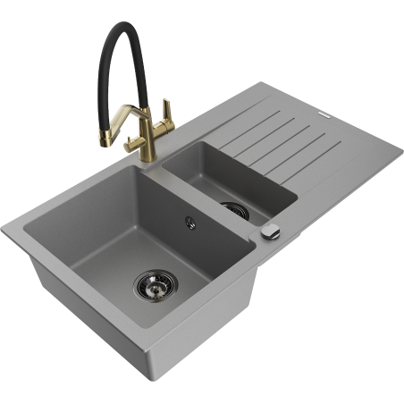 Mexen Matias 1.5-compartment granite sink with a drip tray and kitchen mixer tap Duo, Grey - 6502-71-671701-57-B