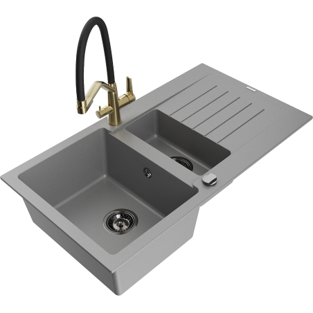 Mexen Matias granite sink 1.5-bowl with drainer and Duo kitchen tap, grey - 6502-71-671701-57-B