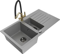 Mexen Matias 1.5-compartment granite sink with a drip tray and kitchen mixer tap Duo, Grey - 6502-71-671701-57-B