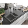 Mexen Matias granite kitchen sink 1.5-bowl with drainer and Duo kitchen tap, grey - 6502-71-671701-70-B