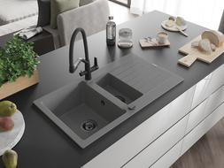 Mexen Matias 1.5-compartment granite sink with a drip tray and kitchen mixer tap Duo, Grey - 6502-71-671701-70-B