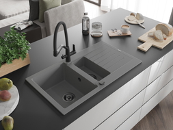 Mexen Matias granite sink 1.5-bowl with drainer and kitchen faucet Duo, gray - 6502-71-671701-70-B