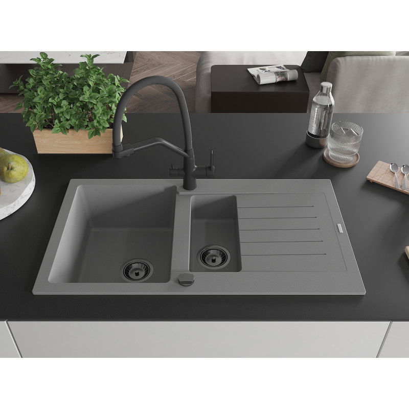 Mexen Matias granite kitchen sink 1.5-bowl with drainer and Duo kitchen tap, grey - 6502-71-671701-70-B