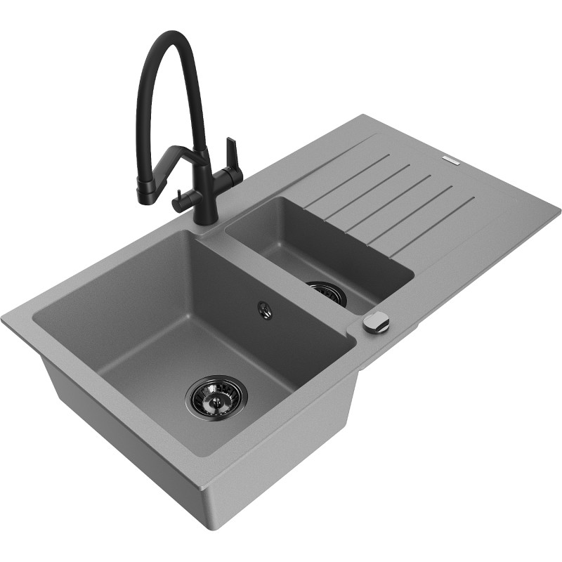Mexen Matias 1.5-basin granite sink with drainer and Duo kitchen faucet, gray - 6502-71-671701-70-B