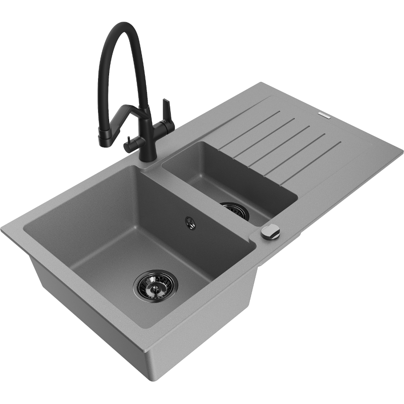 Mexen Matias 1.5-compartment granite sink with a drip tray and kitchen mixer tap Duo, Grey - 6502-71-671701-70-B