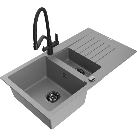 Mexen Matias 1.5-compartment granite sink with a drip tray and kitchen mixer tap Duo, Grey - 6502-71-671701-70-B