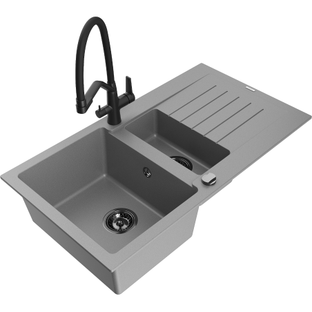 Mexen Matias granite kitchen sink 1.5-bowl with drainer and Duo kitchen tap, grey - 6502-71-671701-70-B