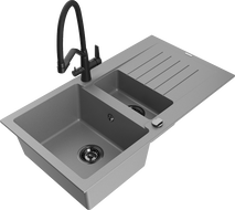 Mexen Matias granite kitchen sink 1.5-bowl with drainer and Duo kitchen tap, grey - 6502-71-671701-70-B
