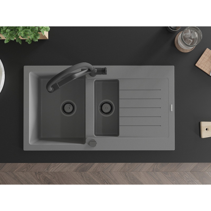 Mexen Matias granite sink 1.5-bowl with drainer and kitchen faucet Duo, gray - 6502-71-671701-70-B