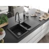 Mexen Matias 1.5-bowl granite sink with drainer and Duo kitchen tap, black/silver metallic - 6502-73-671701-07