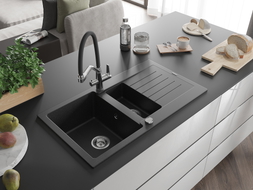 Mexen Matias granite kitchen sink 1.5-bowl with drainer and kitchen faucet Duo, black/silver metallic - 6502-73-671701-07