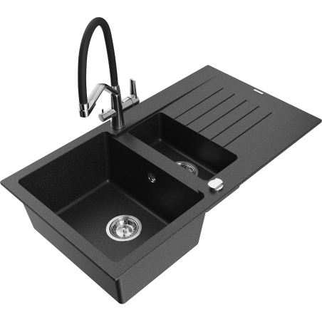 Mexen Matias granite kitchen sink 1.5-bowl with drainer and kitchen faucet Duo, black/silver metallic - 6502-73-671701-07