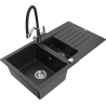 Mexen Matias granite kitchen sink 1.5-bowl with drainer and kitchen faucet Duo, black/silver metallic - 6502-73-671701-07