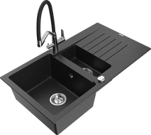 Mexen Matias 1.5-compartment granite sink with a drip tray and kitchen mixer tap Duo, Black/ silver metallic - 6502-73-671701-07