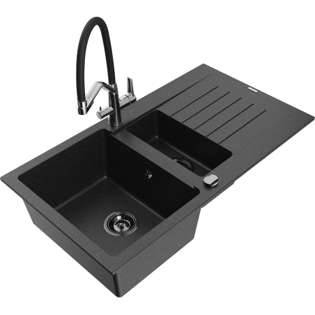 Mexen Matias granite sink 1.5-bowl with drainer and Duo kitchen faucet, black/silver - 6502-73-671701-07-B