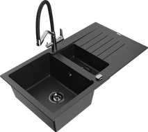 Mexen Matias 1.5-compartment granite sink with a drip tray and kitchen mixer tap Duo, Black/ silver - 6502-73-671701-07-B