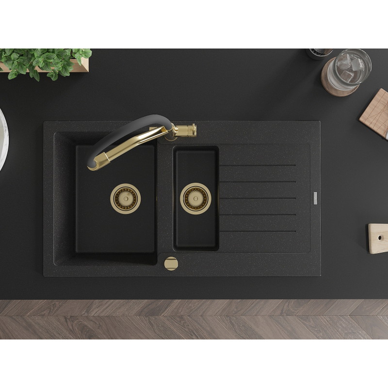 Mexen Matias granite sink 1.5-bowl with drainer and kitchen faucet Duo, black/silver - 6502-73-671701-57-G